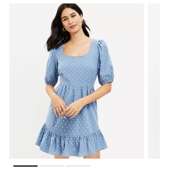 Ann Taylor LOFT Swiss Clip Dot Tie Back Flounce Swing Mini Dress Chambray Sz 12 - Picture 1 of 11